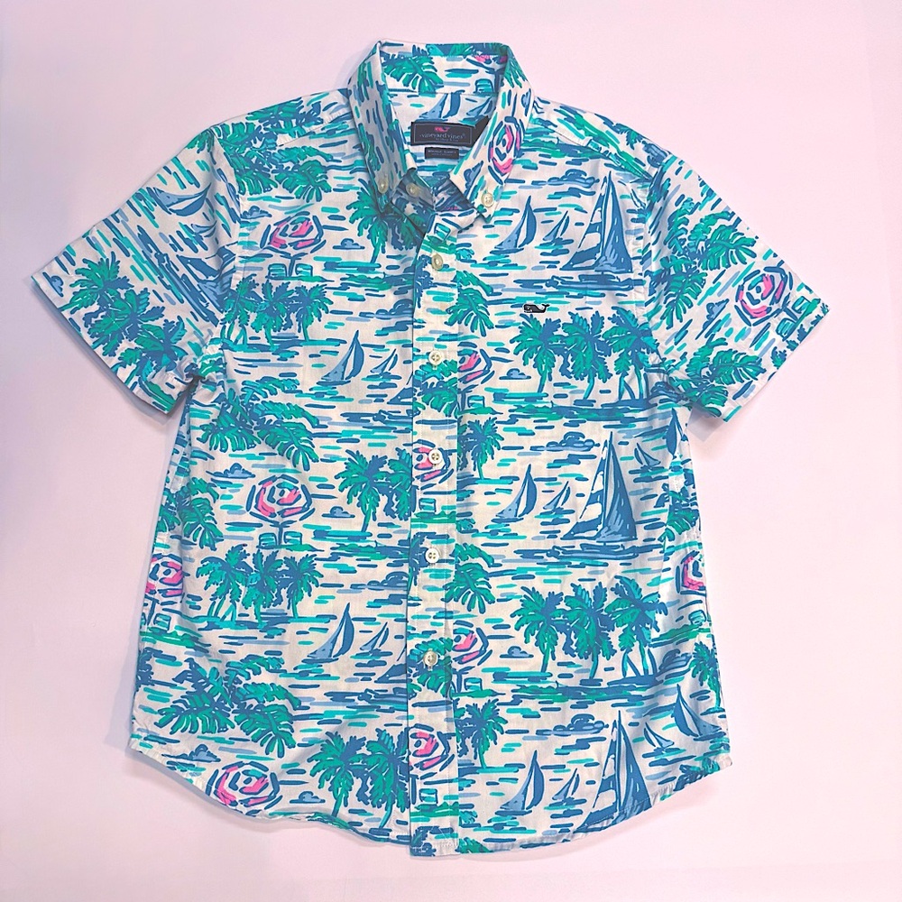 EUC Vineyard Vines Boys Sz 7 Green & Blue Cotton Button Down Shirt Short Sleeve